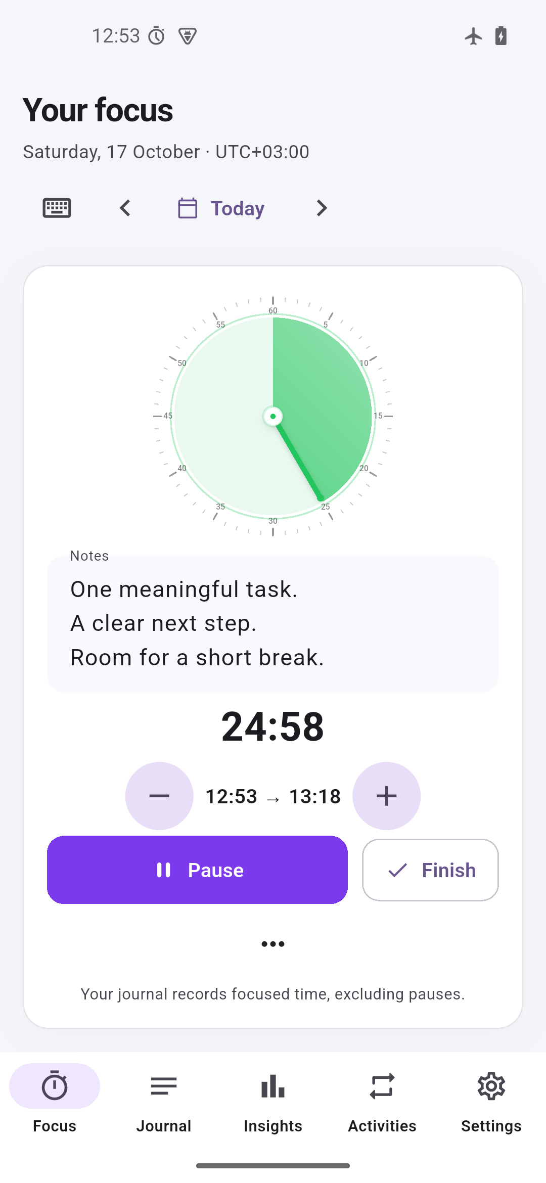Minutide on Android, with a focus timer and session notes
